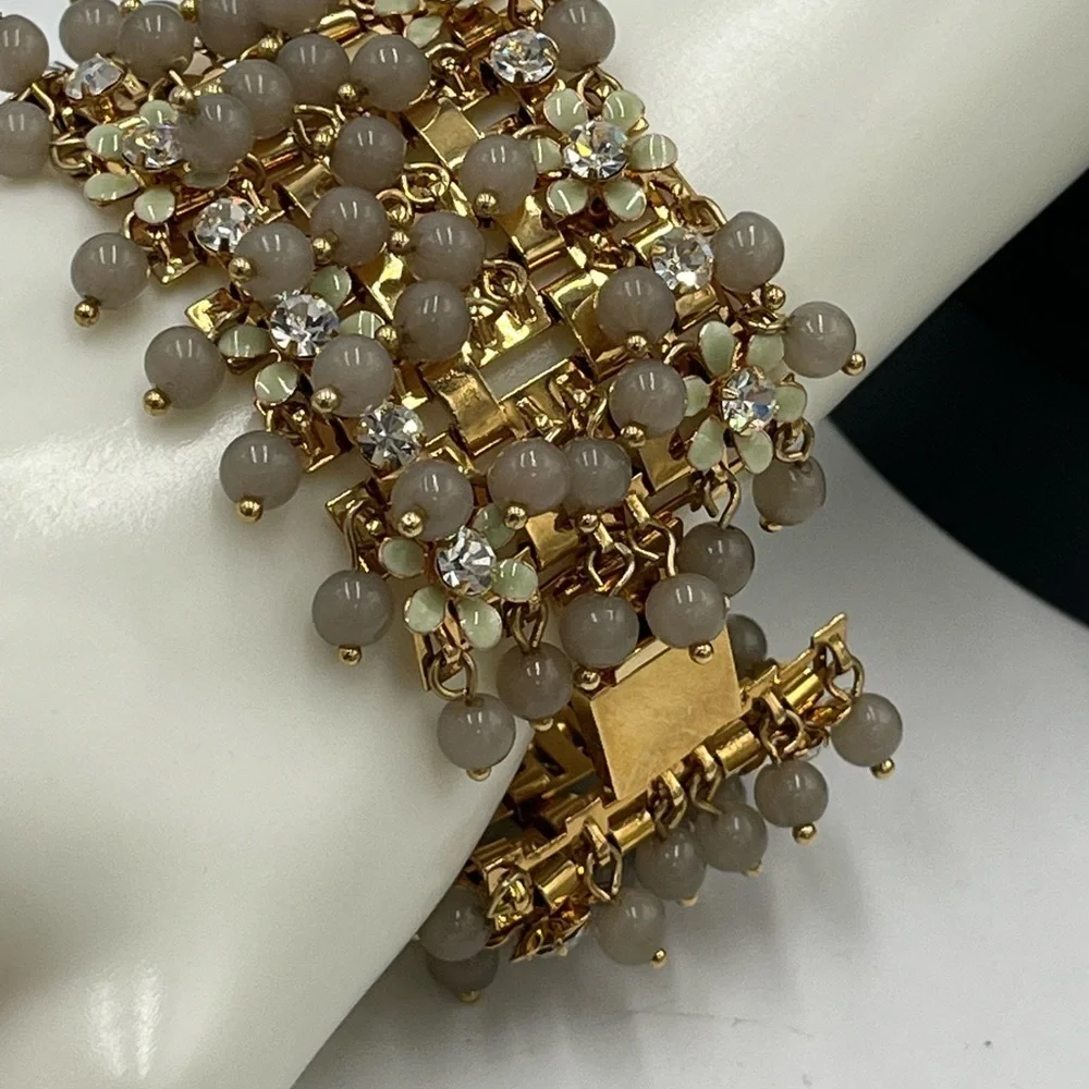 J.Crew Cluster Crystal Flowers Grey Lucite Beads Signed‎ Statement Bracelet